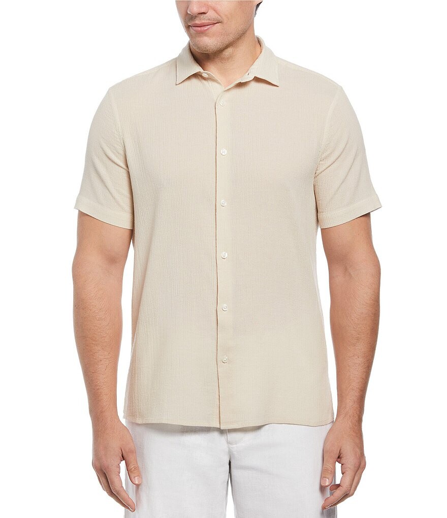

Однотонная тканая рубашка с короткими рукавами Perry Ellis из жатого хлопка, бежевый