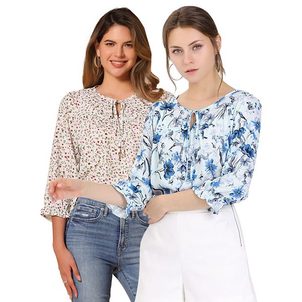 

2 упаковки женских блузок с цветочным принтом и бантом на воротнике Inspire Chic, Blue Beige Red
