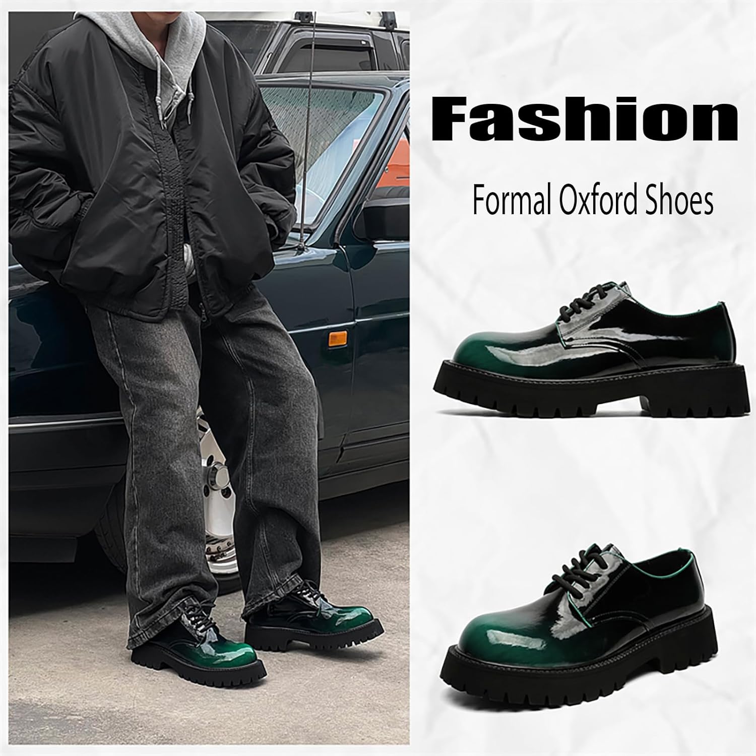 Мужские оксфорды на платформе из лакированной кожи, модные, с широким носком, шнуровкой, удобной подошвой с глубоким протектором, низким устойчивым каблуком, деловые туфли для офиса, вечеринок, свадеб и выпускных Qeosnbx, зеленый — фото 4