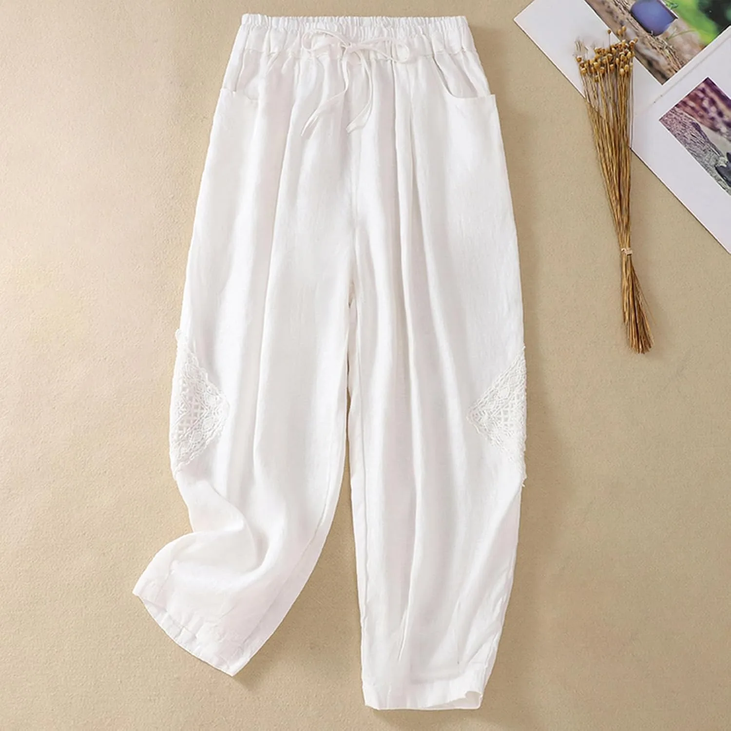 Женские летние хлопковые льняные брюки Casual капри на резинке шаровары укороченные зауженные брюки с карманами Generic, белый — фото 2
