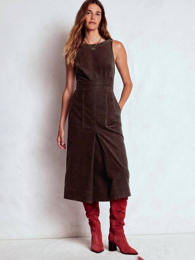 

Платье миди Ula Box Pleat из вельвета Boden, Espresso