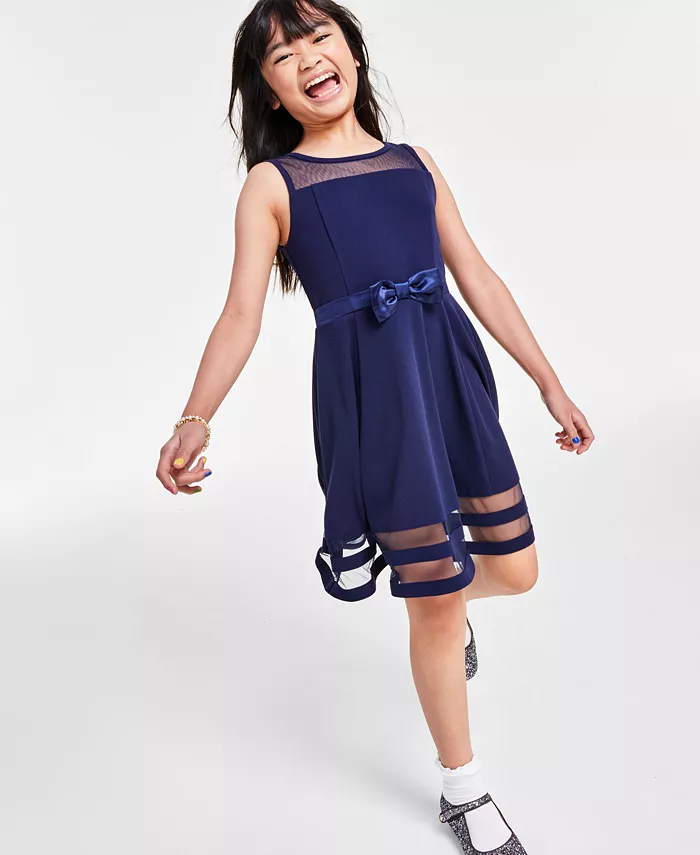 

Платье с иллюзией сетки и бантом спереди Big Girls Calvin Klein, синий