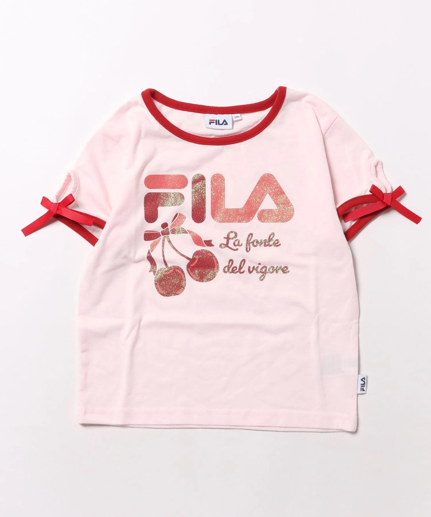 Футболка FILA для девочек с принтом вишни и бантом на рукавах розовая — фото 3