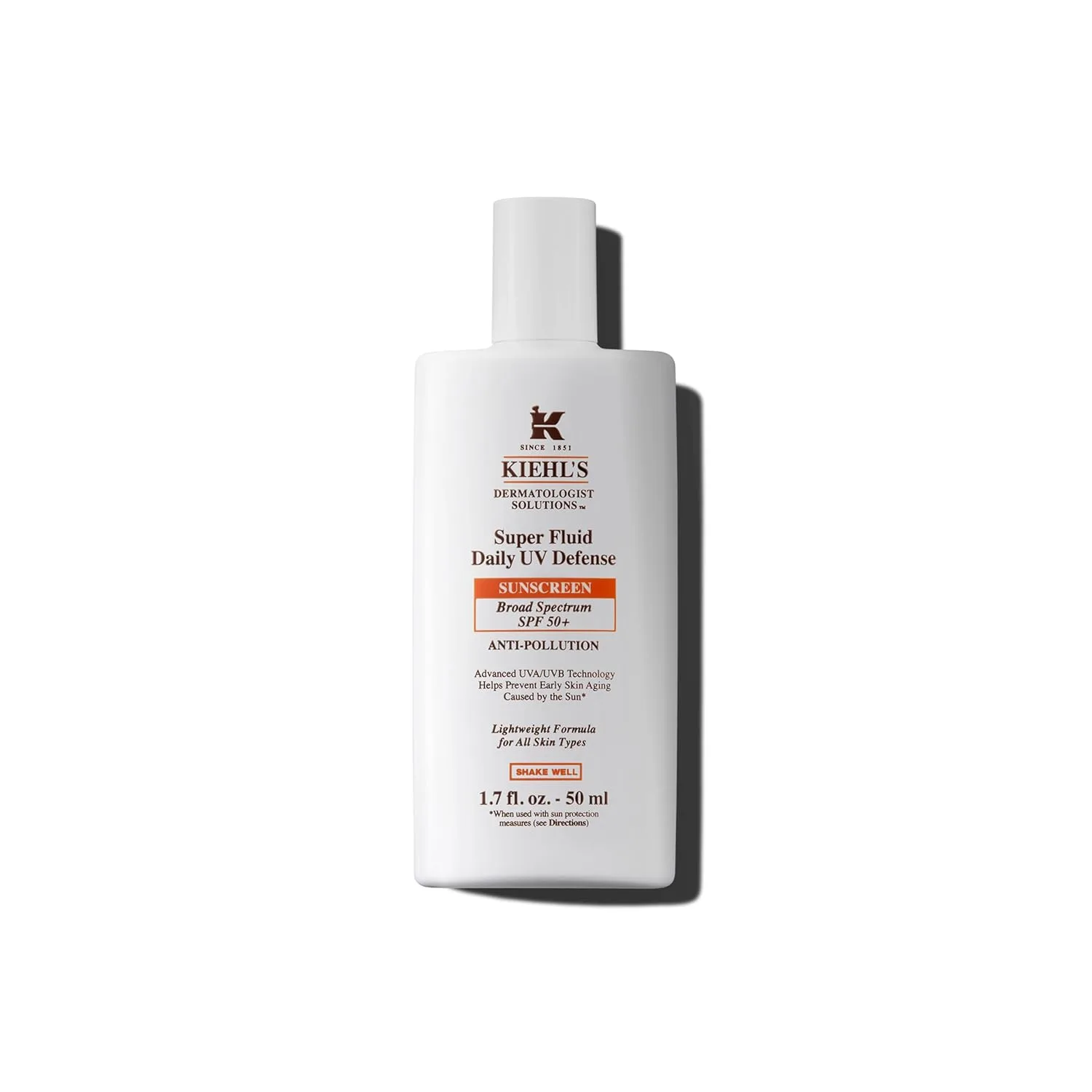 Kiehl's Super Fluid UV Defense Daily Facial Sunscreen SPF 50+, матовый легкий крем, защита от UVA/UVB и загрязнений, витамин E и байкалин, некомедогенный, без парабенов и отдушек 50 мл