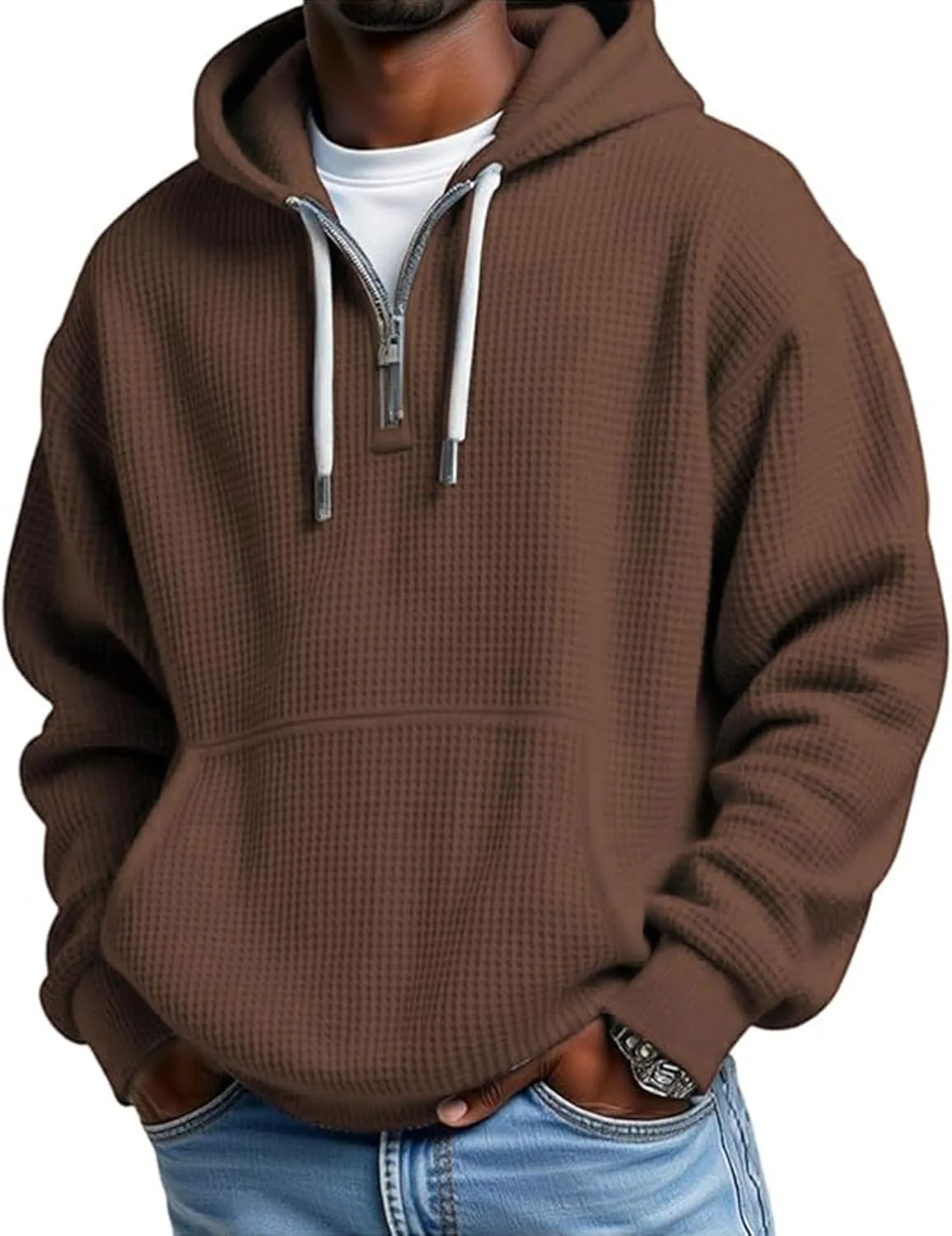 

Мужской худи с капюшоном Quarter Zip, текстурированная вязка, оверсайз nhApmj