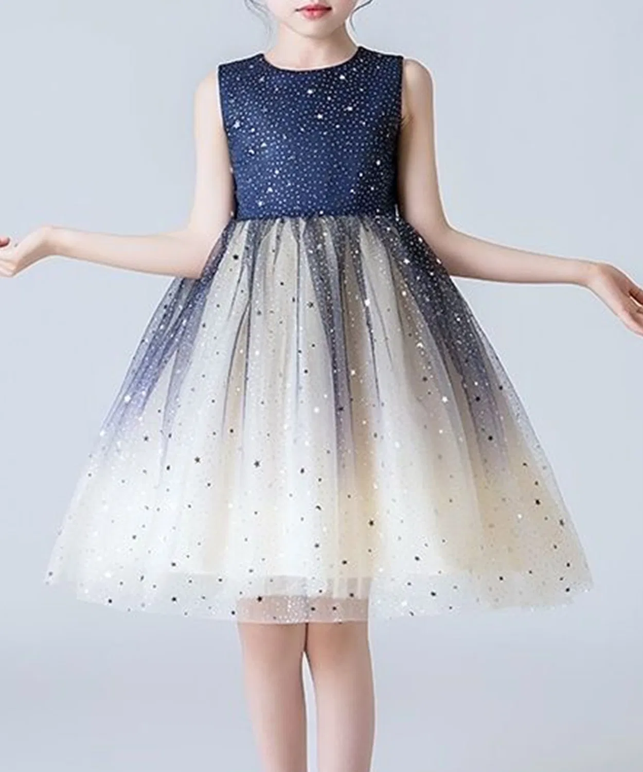 Детское платье без рукавов с блестками из сатина и тюля, бренд Ballet Dress, 1 шт., темно-синий с белым