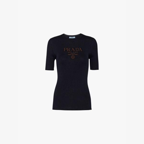 

Брендированный трикотажный шелковый топ Prada, синий