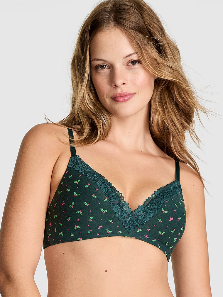 

Носите везде бюстгальтер с легкой подкладкой и косточками Pink Wear Everywhere, heather lace trim deep forest holly print