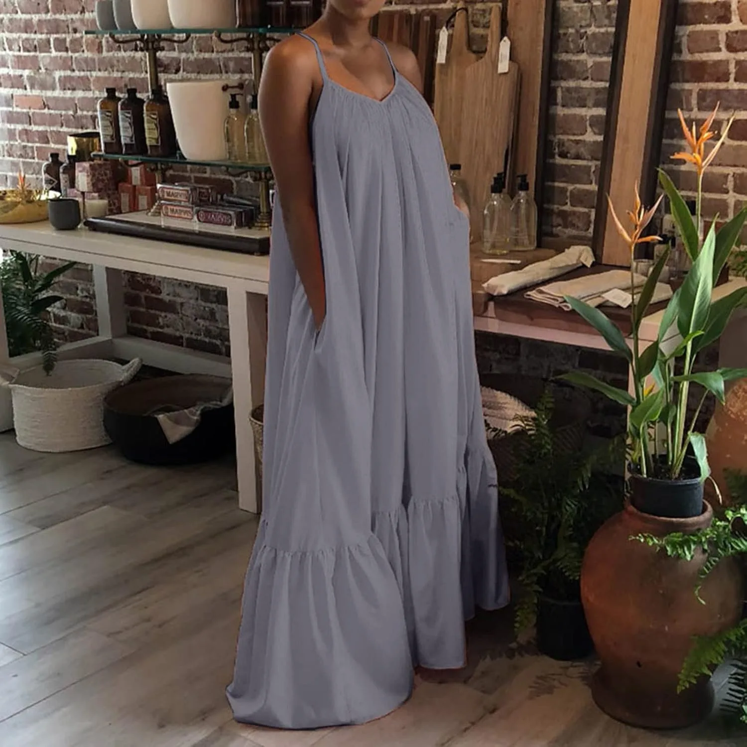Летнее платье для женщин Backless Cami с тонкими бретелями и шлейфом, с запахом на спине, пляжная одежда Generic, серый — фото 3