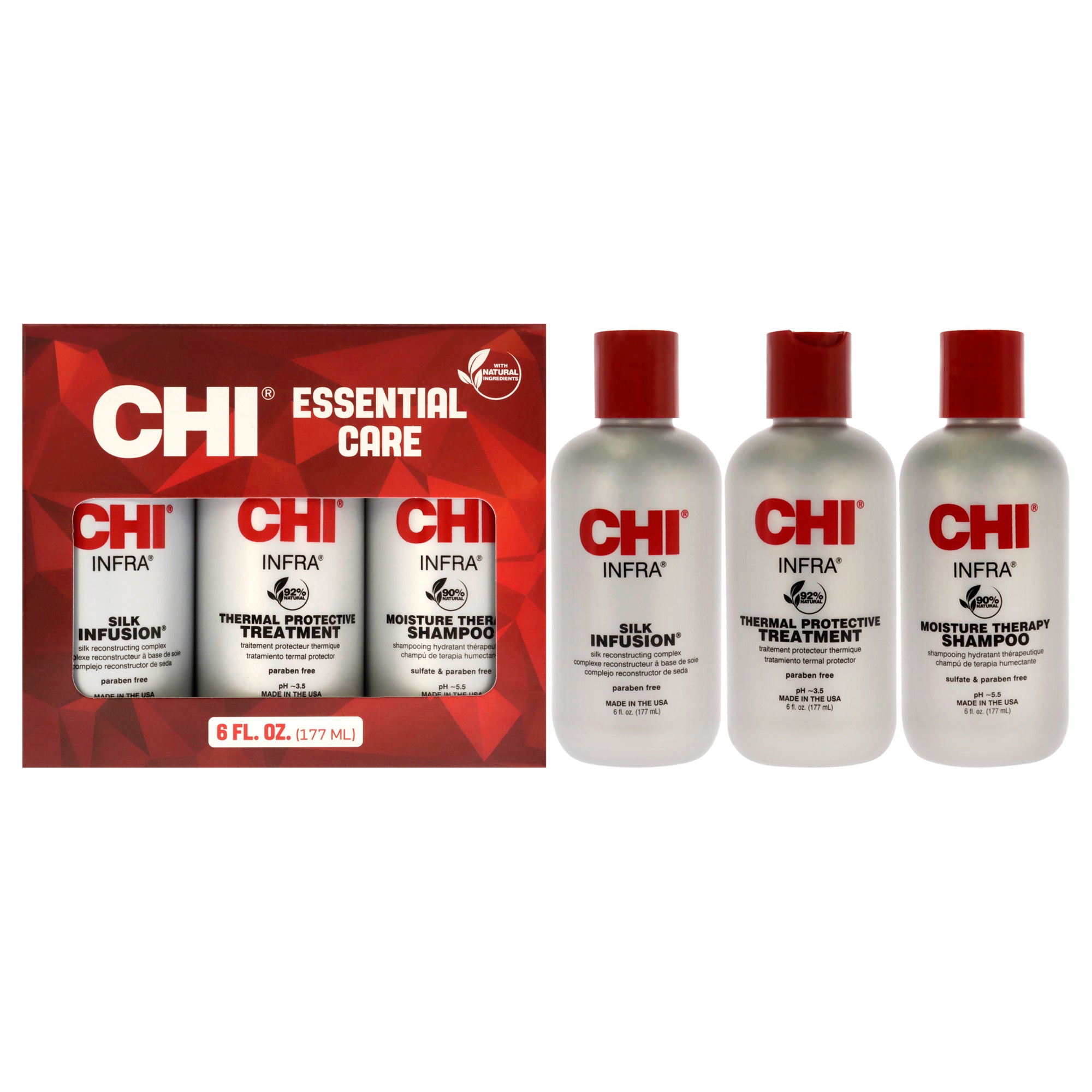 

Набор CHI Infra Trio от CHI для мужчин и женщин: 3 предмета (170 мл) CHI Silk Infusion, 170 мл шампуня CHI Infra, 170 мл средства CHI Infra Treatment Chi, Clear/Transparent