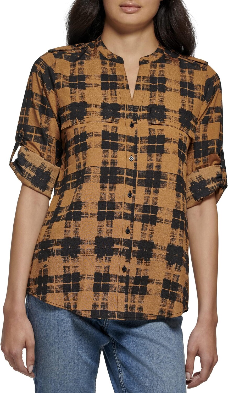

Рубашка Calvin Klein Printed Roll Sleeve Crew, цвет Black/Luggage Multi