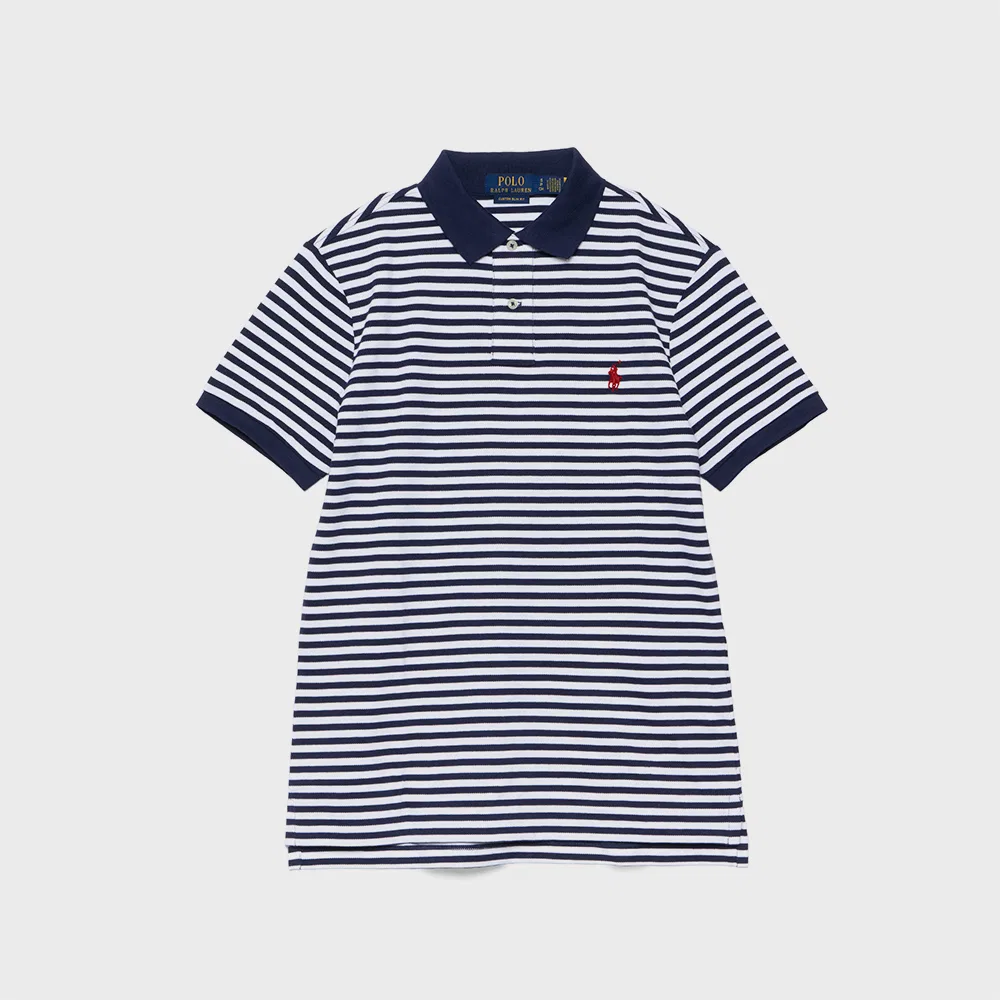 Мужская приталенная поло-рубашка Custom Slim Fit Stripe Mesh тёмно-синяя от Polo Ralph Lauren