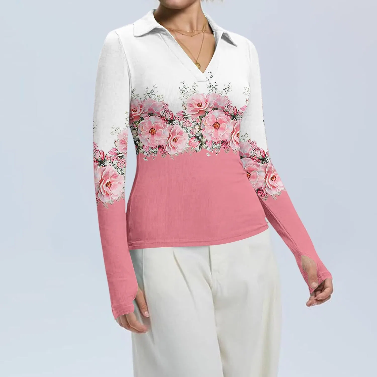 Женская футболка с длинным рукавом, V-образным вырезом, Slim Fit, 2-light Pink — фото 4