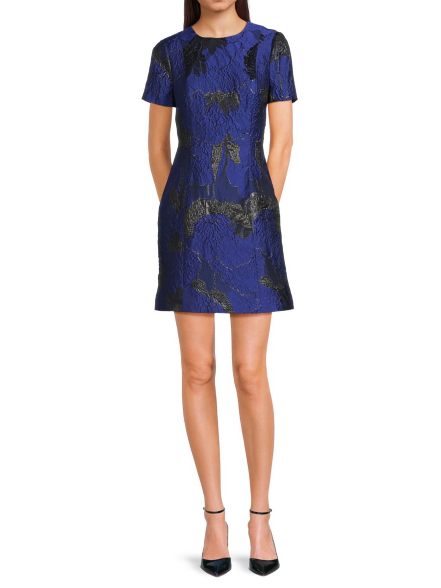 

Мини-платье Liana с металлическим цветочным жаккардом Monique Lhuillier, цвет Marine Blue