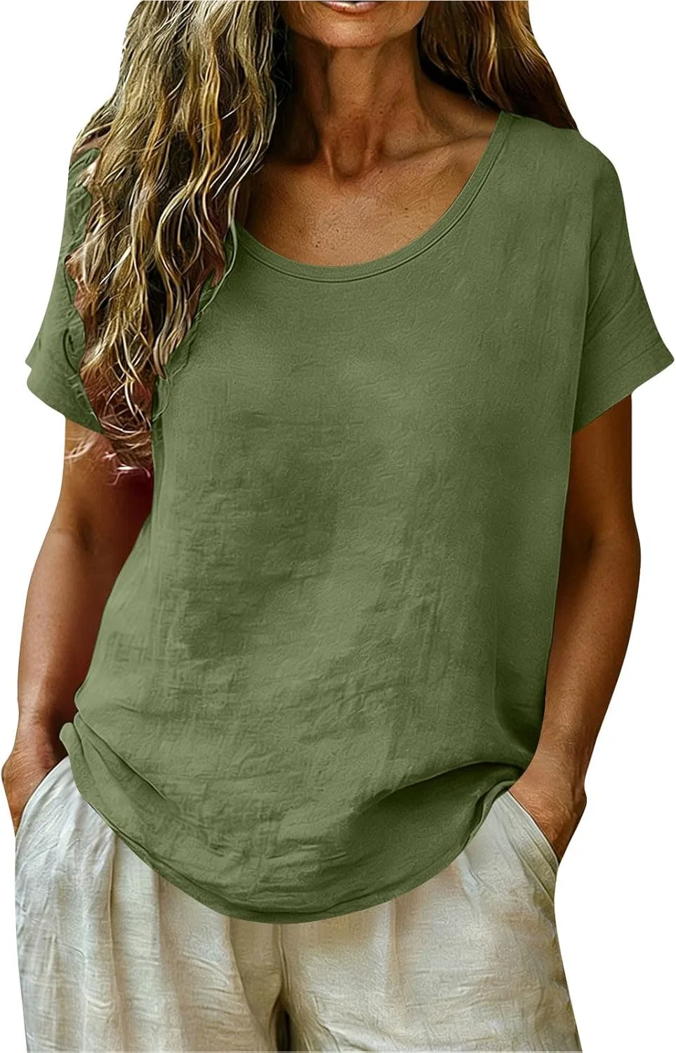 Футболка с круглым вырезом из хлопка и льна, Generic, цвета Army Green
