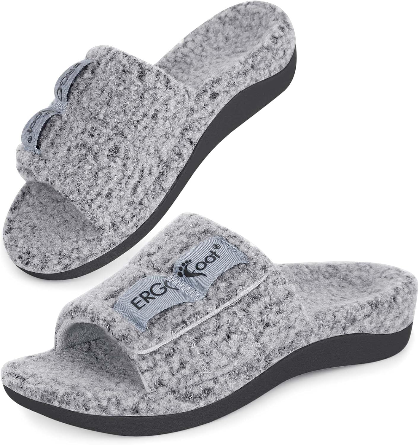 

Тапочки ERGOfoot Fuzzy для дома с поддержкой свода стопы для женщин и мужчин, ортопедические шлепанцы при подошвенном фасците, открытый носок, для дома с регулируемыми ремешками, облегчение боли в ногах, серый