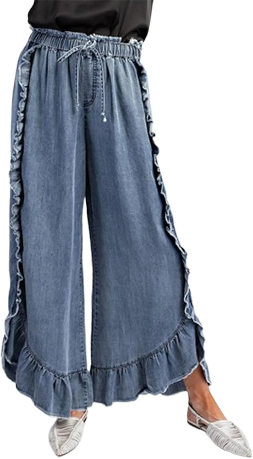 

Женские джинсы с рюшами Vintage, эластичный пояс на шнурке, широкие штанины, рваный край SSPalu