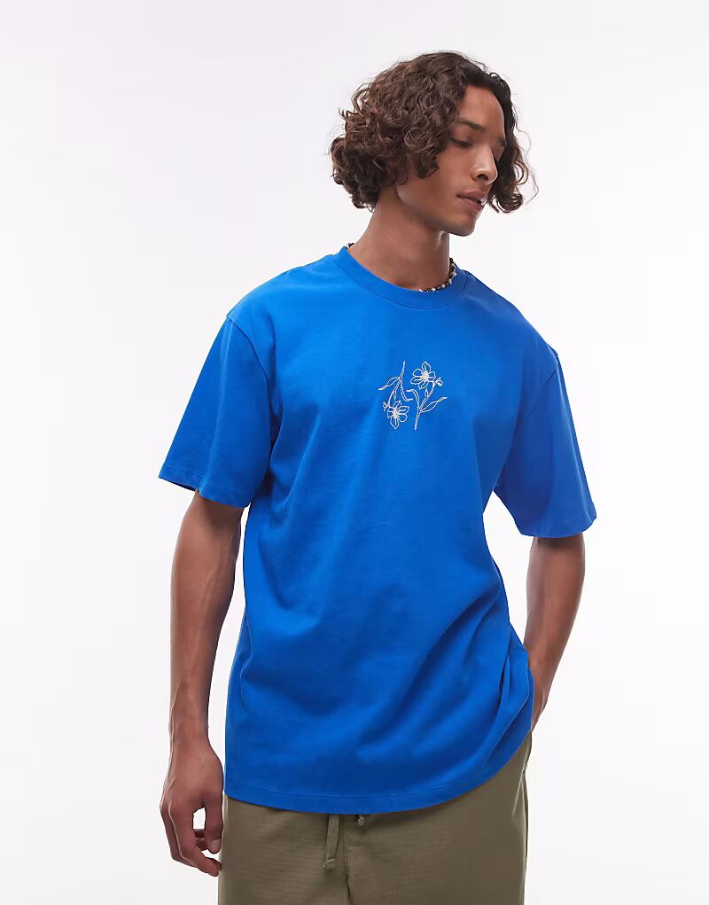 

Футболка свободного кроя с вышитыми цветами в стираном синем цвете Topman