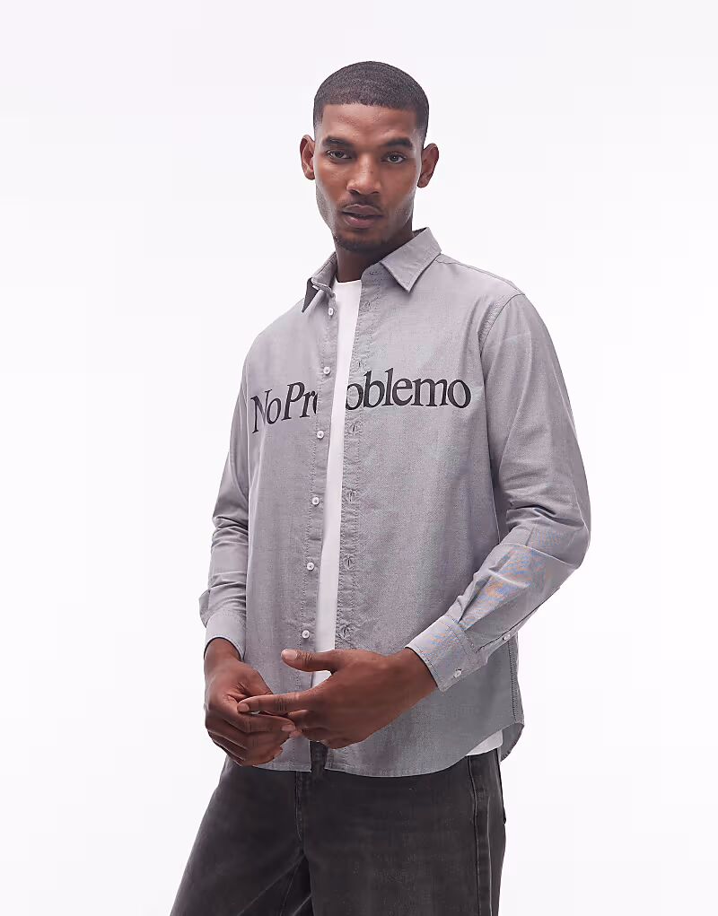 

Рубашка оксфорд из хлопка с длинными рукавами и логотипом серого цвета No Problemo