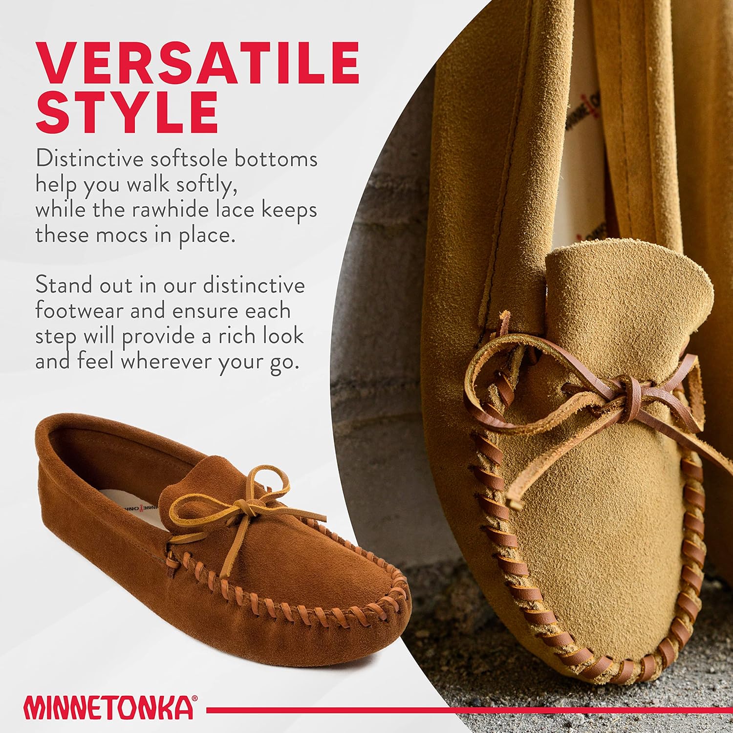 Мокасины Minnetonka для мужчин из мягкой кожи с кожаной подошвой и шнуровкой, коричневый — фото 4