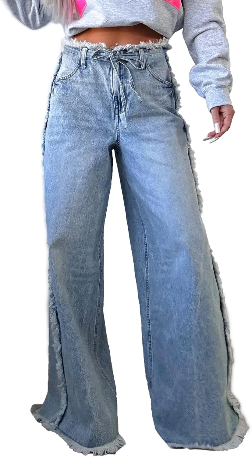 

Женские джинсы baggy mid rise с raw hem и прямыми штанинами Xadsfeel