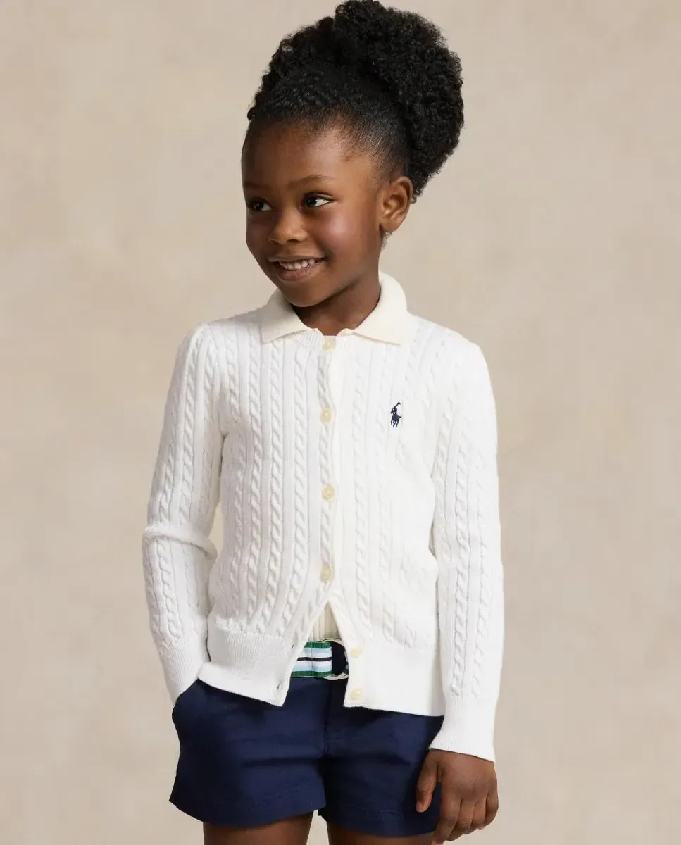 Детский хлопковый кардиган вязкой в косичку Polo Ralph Lauren, белый