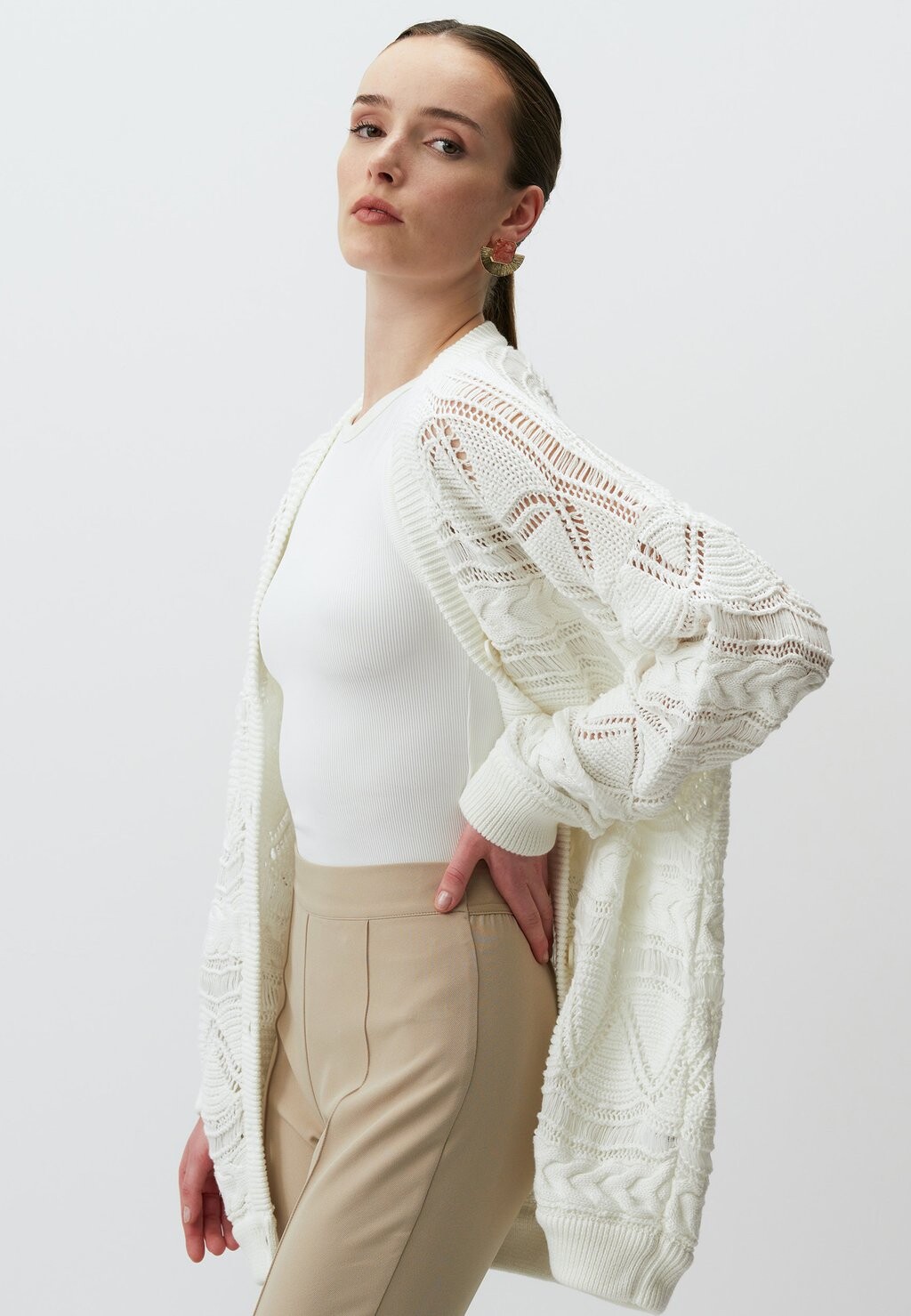 

Кардиган V Neck Long Sleeve Openwork Jimmy Key, экру