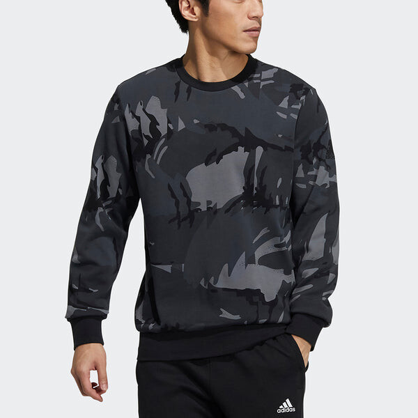 Толстовка Men's adidas Fi Aop Camo Swt Camouflage Sports Round Neck Pullover Dark Grey, серый — фото 2