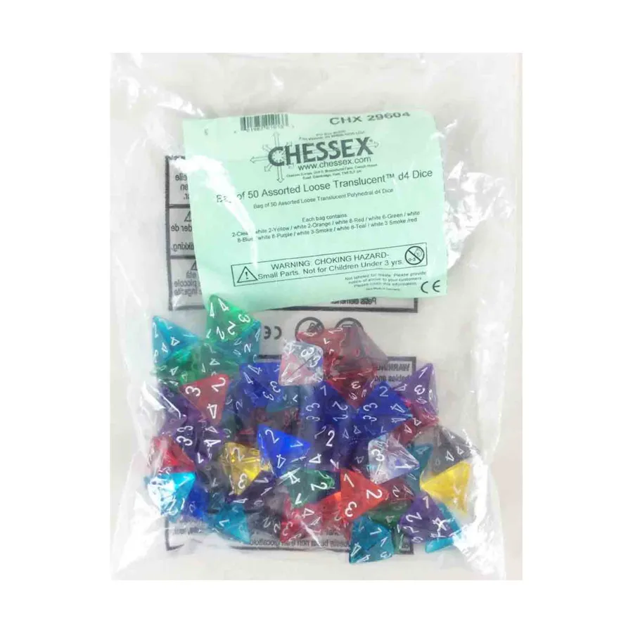 

Полупрозрачные многогранные кубики d4 (50) Пересмотренный, Dice - Bags of Dice (Assorted Colors) (Chessex)