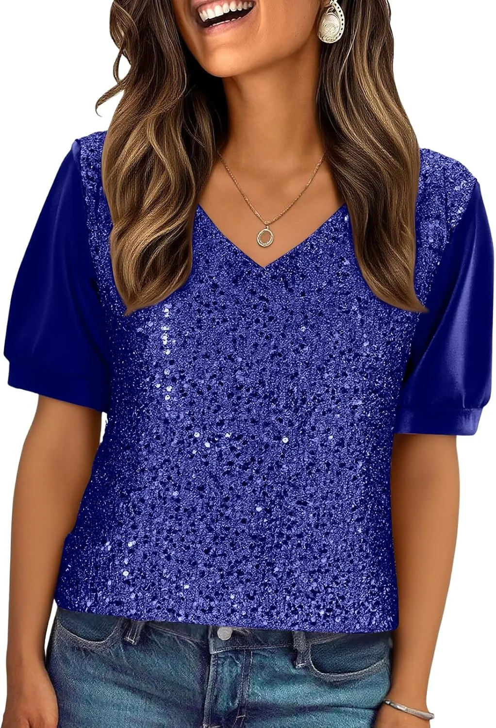

Женский топ с пайетками V-образным вырезом и коротким рукавом