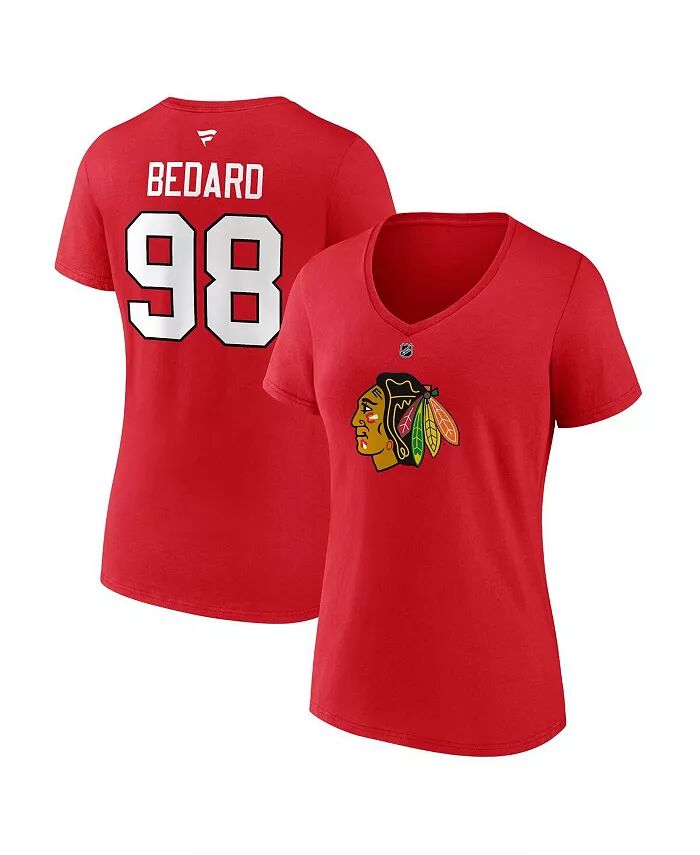 

Женская футболка с фирменным принтом Connor Bedard Red Chicago Blackhawks 2023 NHL Draft Authentic Stack с именем игрока и номером и V-образным вырезом Fanatics