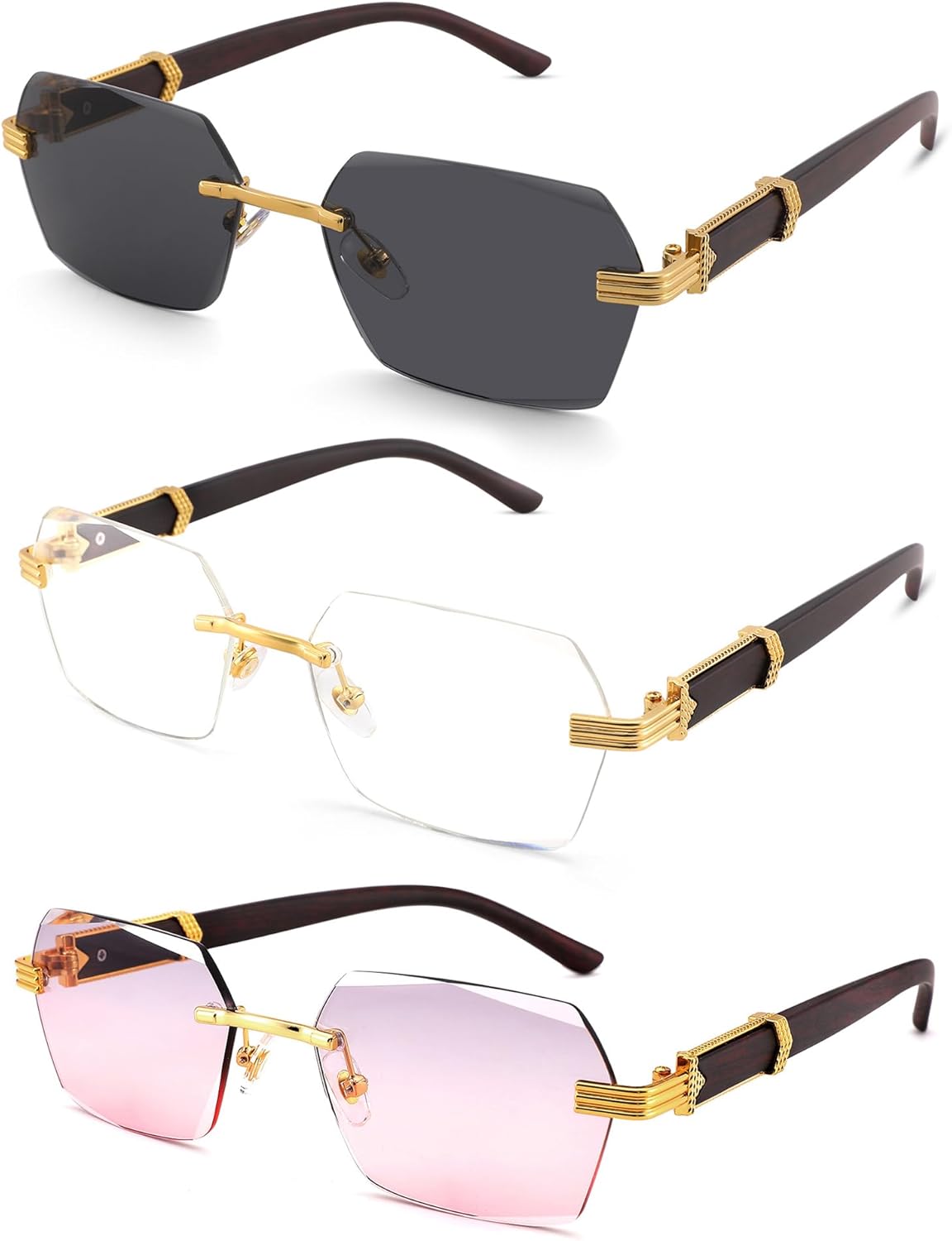 

Солнцезащитные очки Hycredi без оправы, прямоугольной формы, для мужчин и женщин, в стиле ретро, ​​без оправы, квадратной формы, солнцезащитные очки в стиле Y2k, тонированные очки, A4 * 3 Pack (Clear + Gray + Gray Pink)