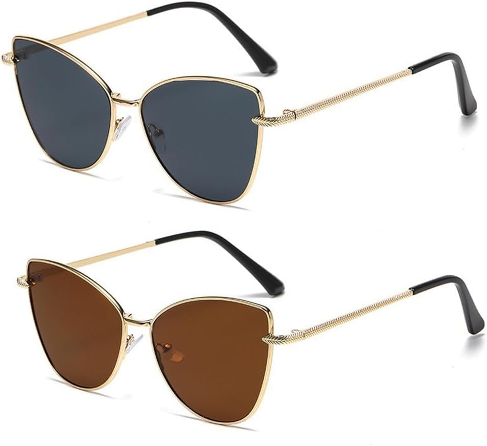 

Ретро металлические солнцезащитные очки в форме «кошачий глаз» в маленькой оправе для женщин, модные, в уличном стиле, декоративные, с защитой от УФ-излучения UV400 LOVQZAOF, 2pcs Gold Brown