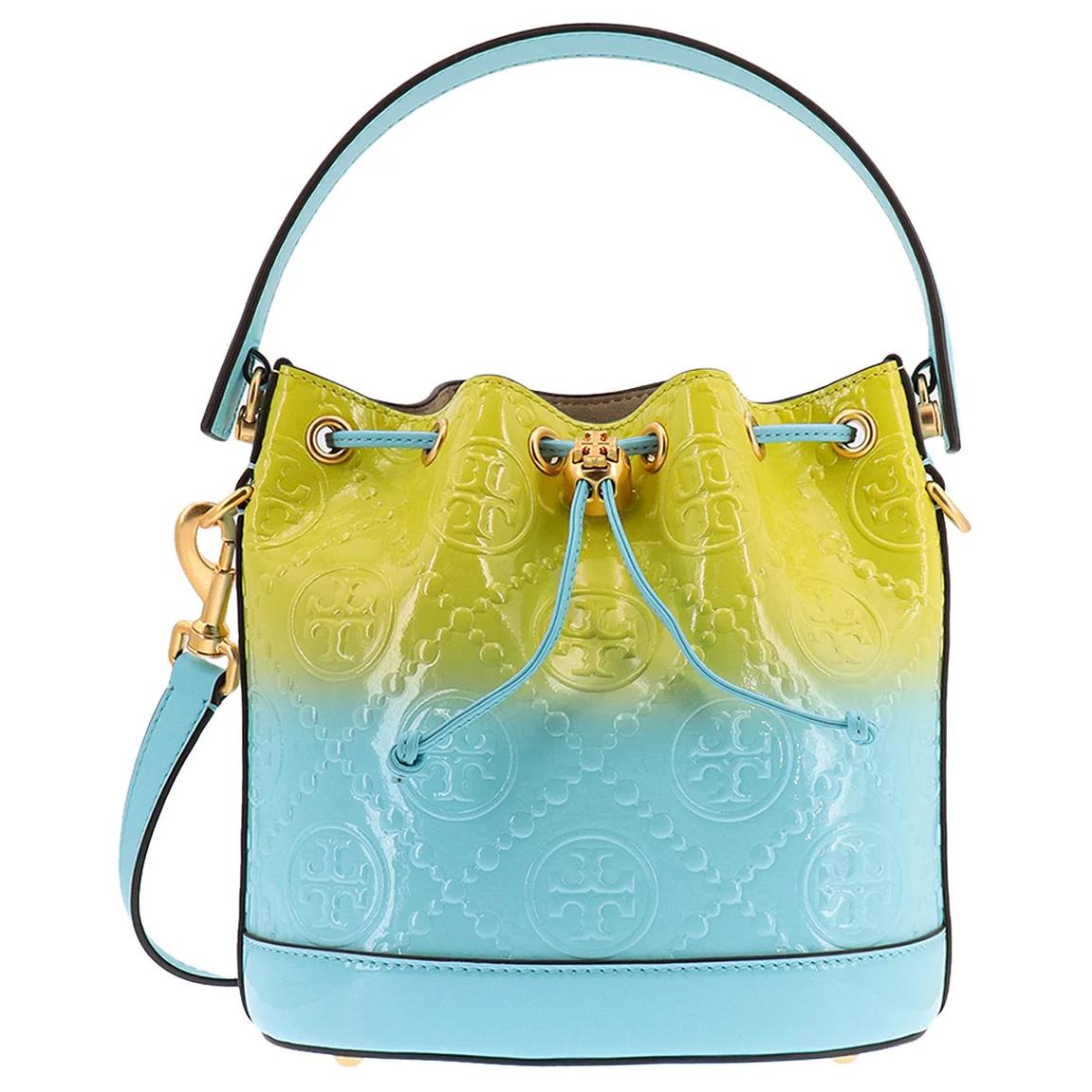 

TORY BURCH Кожаная сумка-ведро с монограммой T Портативная сумка через плечо Женская сумка через плечо желтого и синего цветов