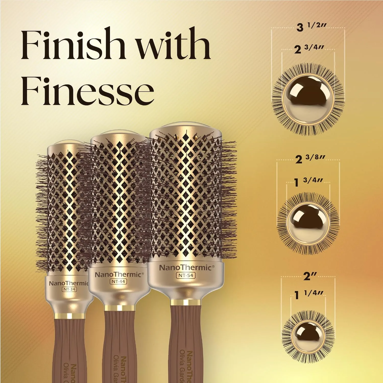 Термощетка для укладки волос Olivia Garden NanoThermic Ceramic + Ion Round Thermal Hair Brush - не электрическая - профессиональная щетка для нормальных и густых волос. Сумка из 3 штук, Gold / Chocolate — фото 3