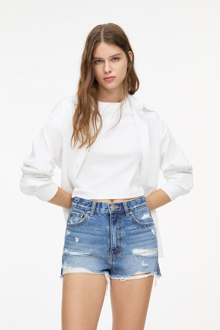 

Джинсовые шорты с необработанными краями Pull And Bear, синий
