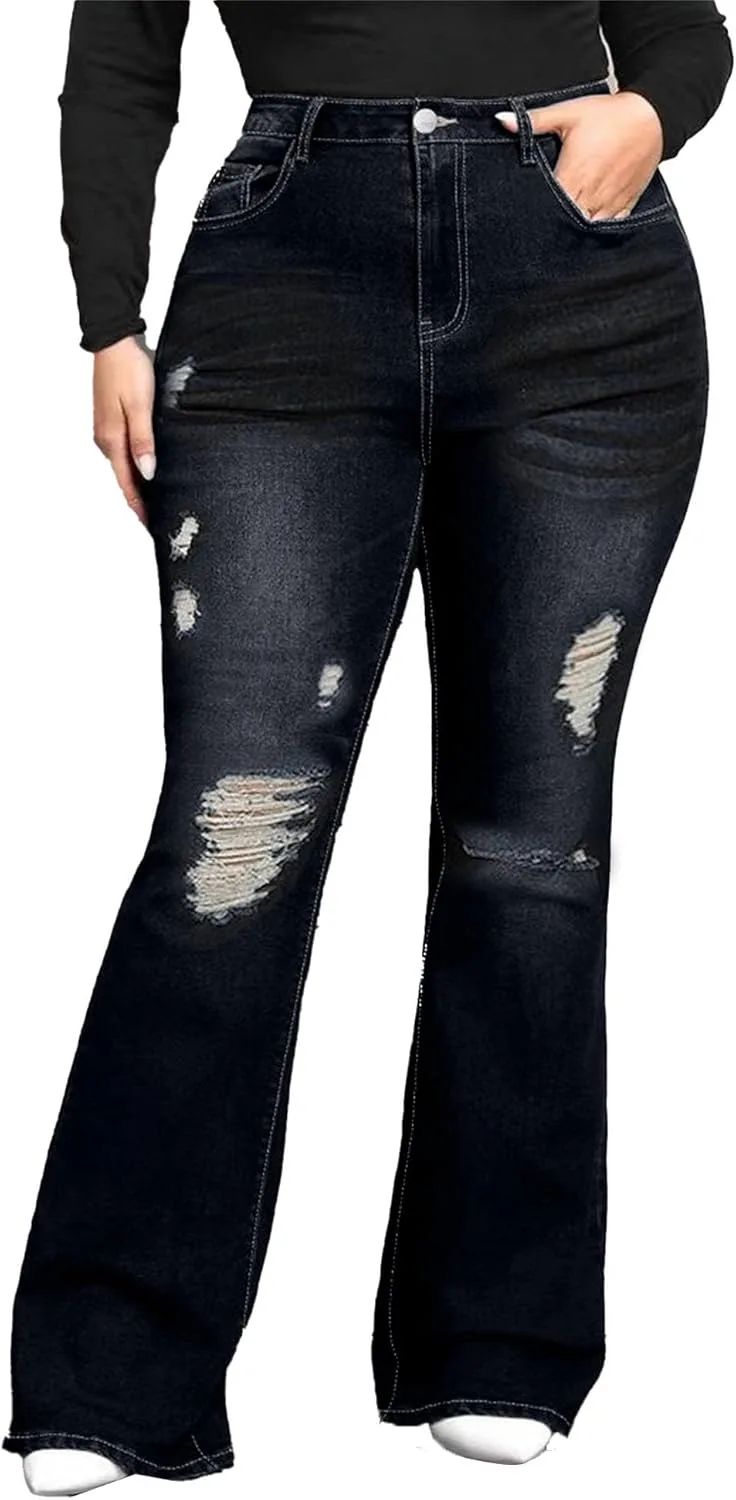 

Джинсы Plus Size Flared для женщин с формами, High Waisted, Stretchy, Boot Cut