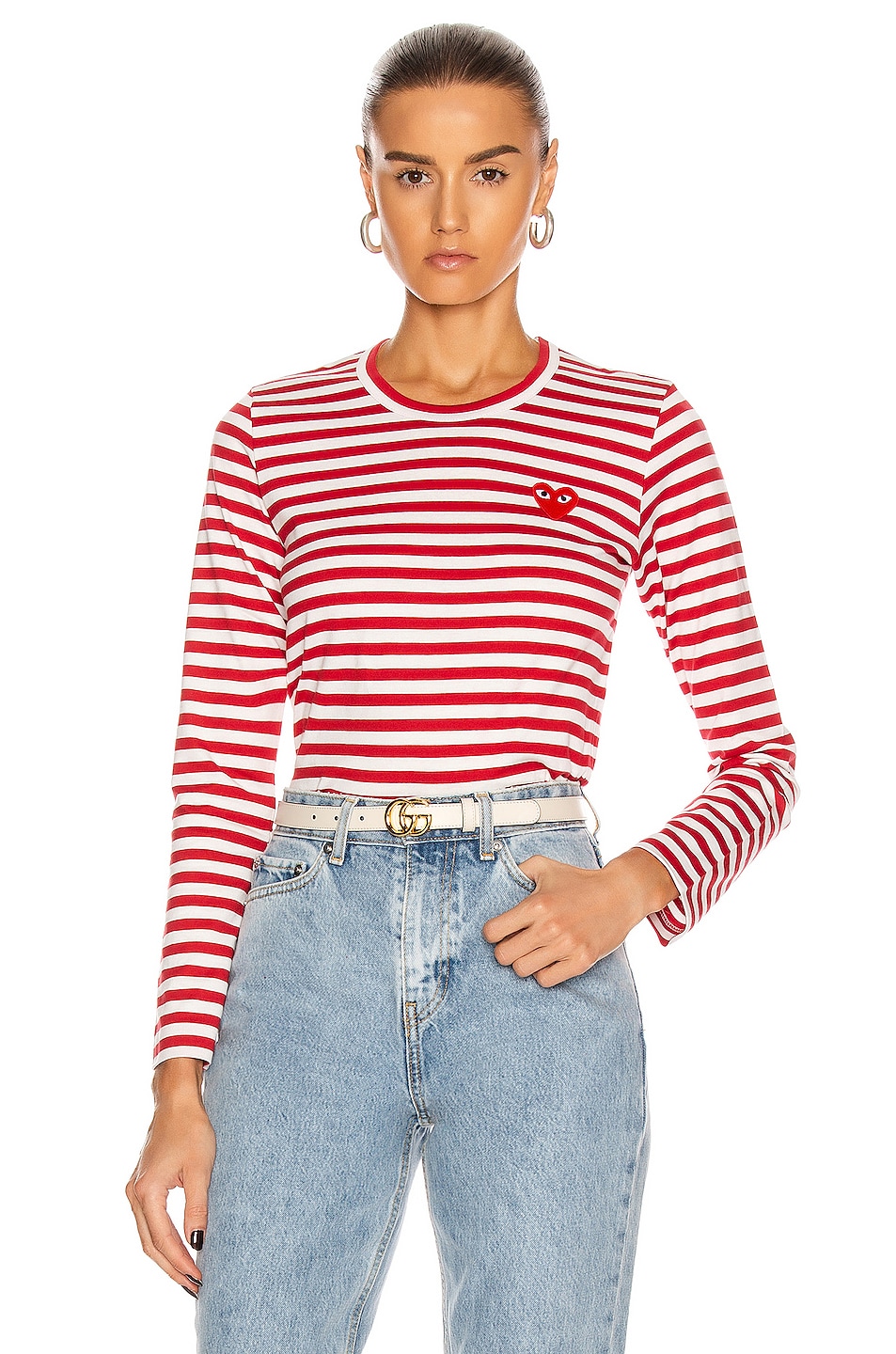 

Полосатая хлопковая футболка с красной эмблемой Comme Des Garcons Play, Red