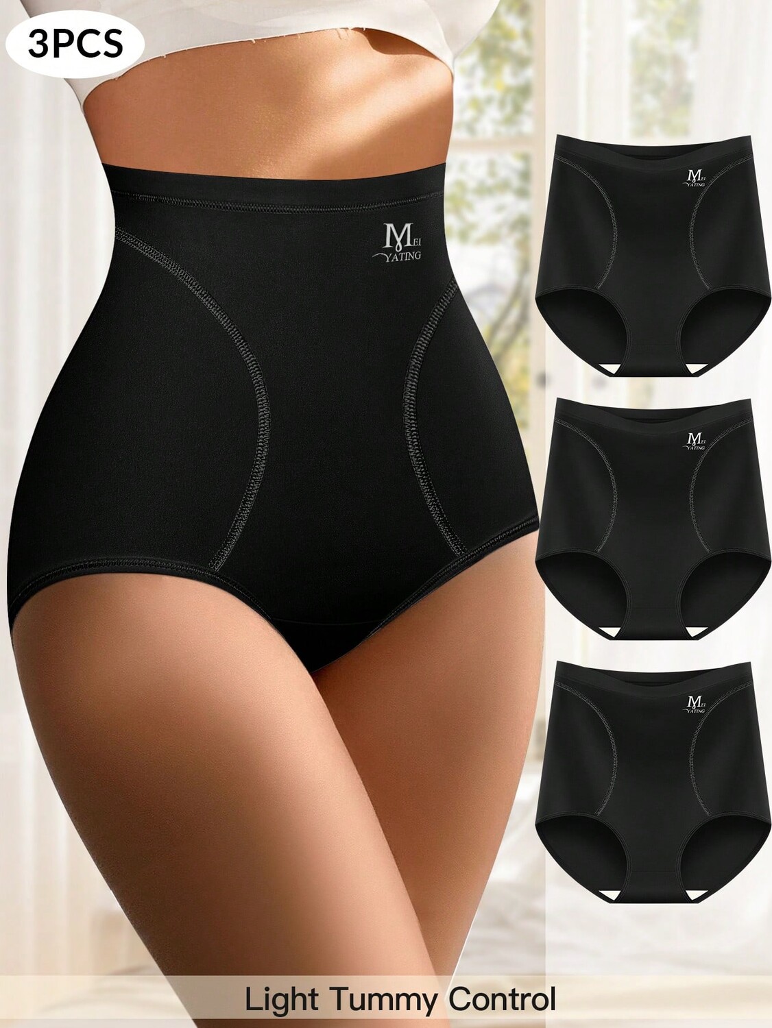 

Набор из 3 женских треугольных трусиков с высокой талией и контролем живота из ледяного шелка, удобная форма и тонкие модели для лета, черный