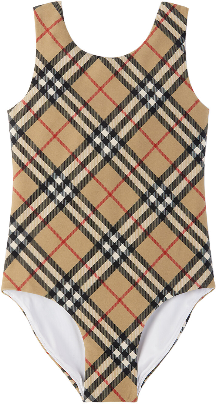

Детский цельный купальник бежевого цвета в клетку Burberry, Бежевый, Детский цельный купальник бежевого цвета в клетку Burberry
