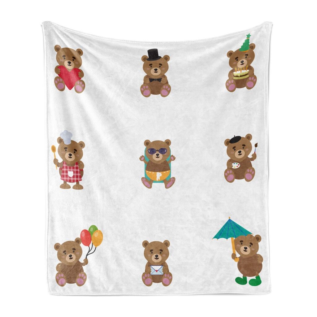 

Мягкое фланелевое флисовое одеяло ABAKUHAUS Funny Bear, животные в детской тематике, уютный плюш для использования в помещении и на улице, 125 x 175 см, белый и разноцветный
