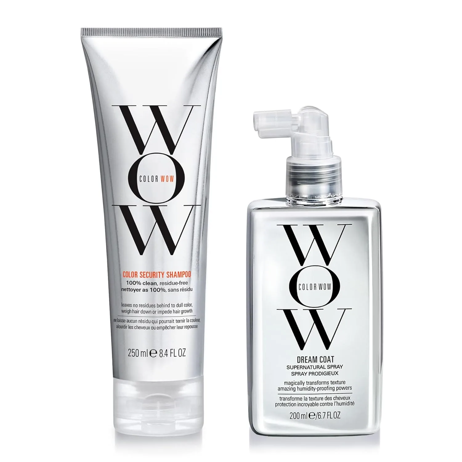 Набор COLOR WOW Ultimate Frizz-Free Bundle - отмеченные наградами дуэт DREAM COAT и COLOR SECURITY SHAMPOO для стойкого эффекта гладких, блестящих и шелковистых волос. Защита от влаги и термозащита.