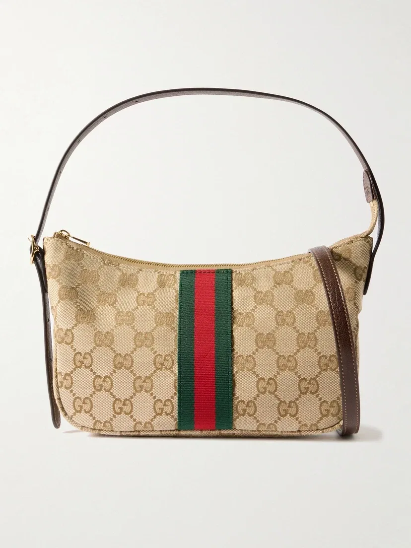 Сумка на плечо Lunetta из кожаной отделки и жаккардового холста GUCCI, бежевый