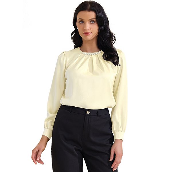 

Женская элегантная блузка для офиса с жемчужным декором и сборками Inspire Chic, Beige