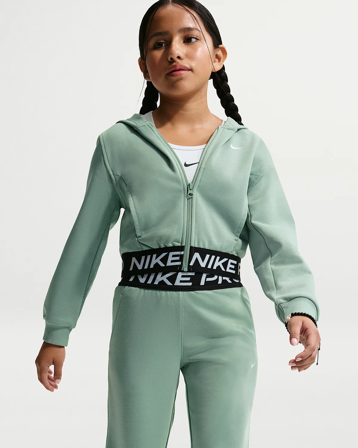 Детская (девичья) флисовая кофта Nike Pro Fleece Dri-FIT на молнии, Steam/Steam/Black/White — фото 3
