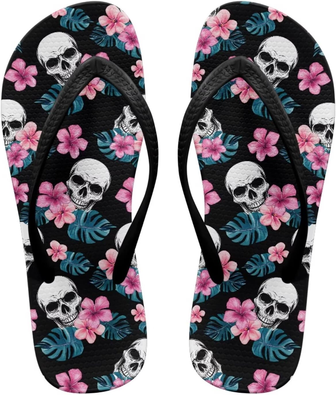 

Вьетнамки с черепом для женщин и мужчин, летние пляжные повседневные сандалии, удобные шлепанцы для душа Pointodoor, Skull Hawaiian Hibiscus Print