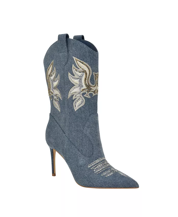 Женские ковбойские сапоги Rasima на высоком каблуке с денимом и стразами GUESS, синий