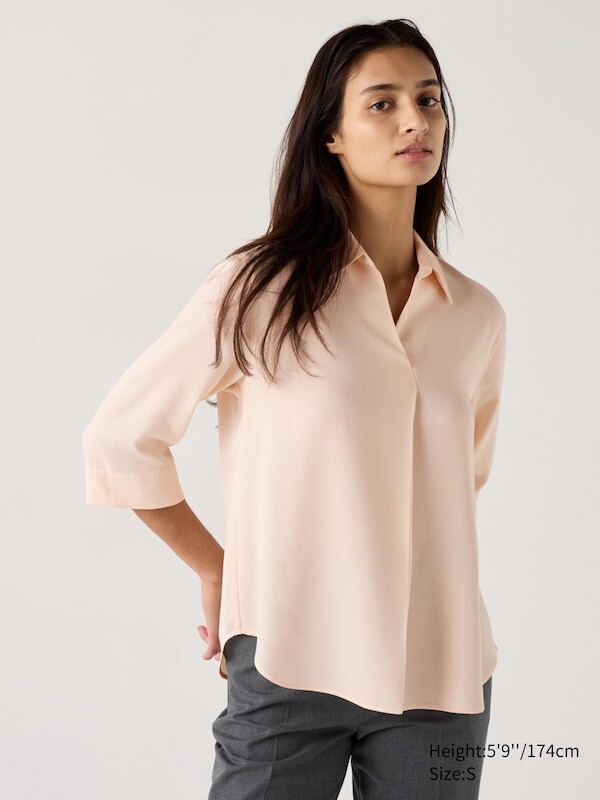 

Блузка со шкиперским воротником из вискозы рукав 3/4 Uniqlo, розовый