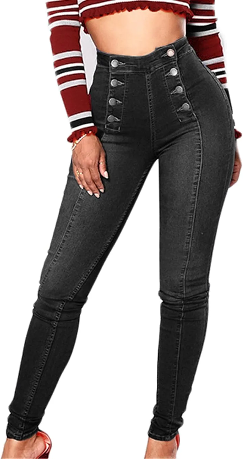 GPCHAN Женские джинсы с высокой посадкой, Slim Fit, подтягивающие, скинни, стрейч, деним, с двойным рядом пуговиц — фото 2