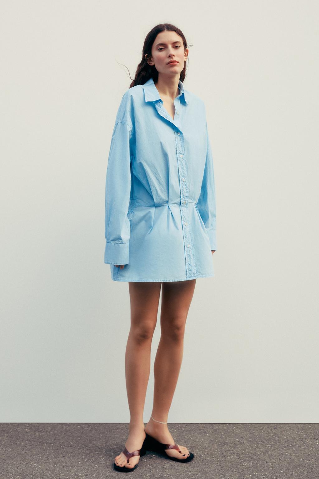 

Платье-рубашка в клетку со складками ZARA, цвет Aquamarine